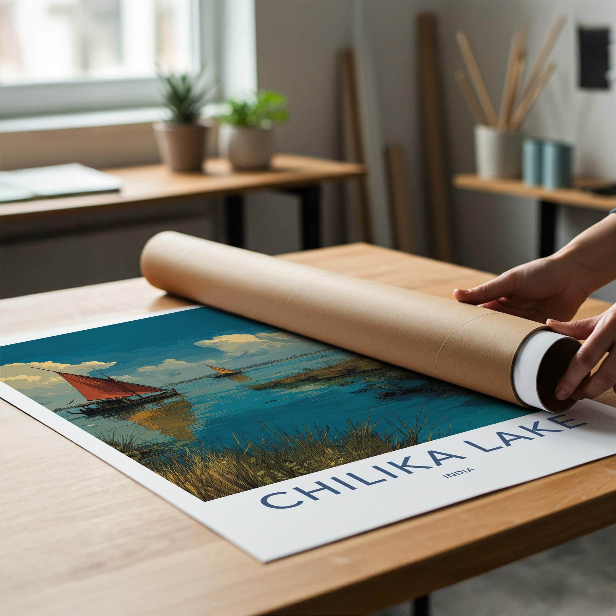 Chilika Lake Poster - India Travel Art - Odisha Lakeside Boats Sailing Home Decor
