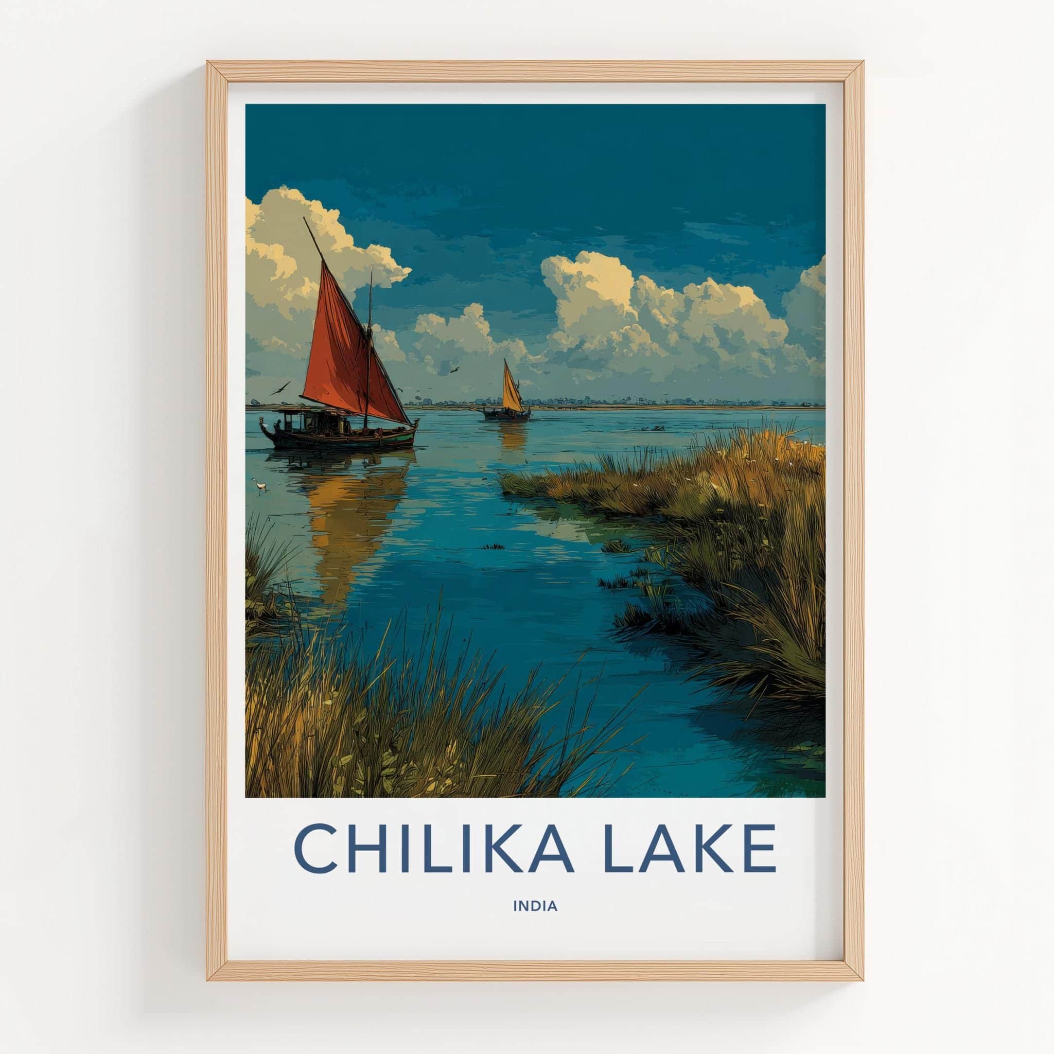 Chilika Lake Poster - India Travel Art - Odisha Lakeside Boats Sailing Home Decor