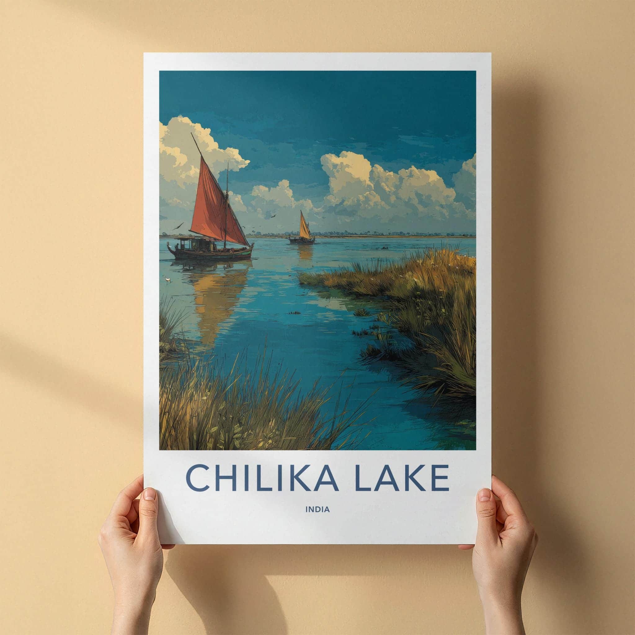 Chilika Lake Poster - India Travel Art - Odisha Lakeside Boats Sailing Home Decor