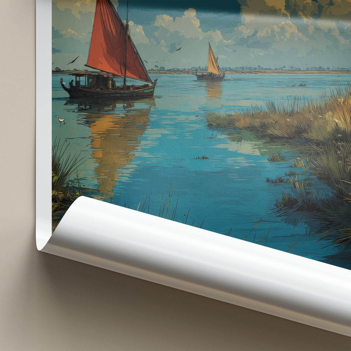 Chilika Lake Poster - India Travel Art - Odisha Lakeside Boats Sailing Home Decor