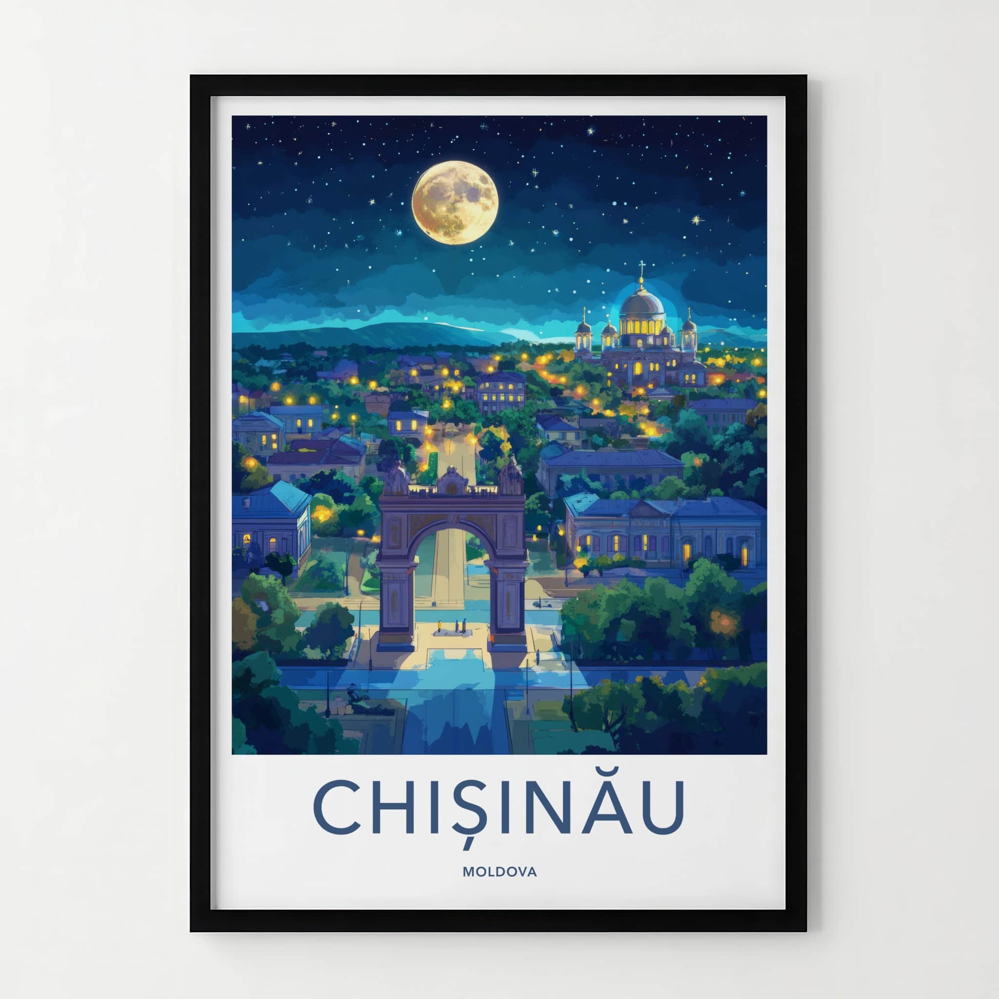 Chisinau Poster - Moldova Travel Art - Moonlit Arch Cathedral Home Decor