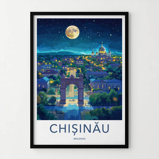 Chisinau Poster - Moldova Travel Art - Moonlit Arch Cathedral Home Decor