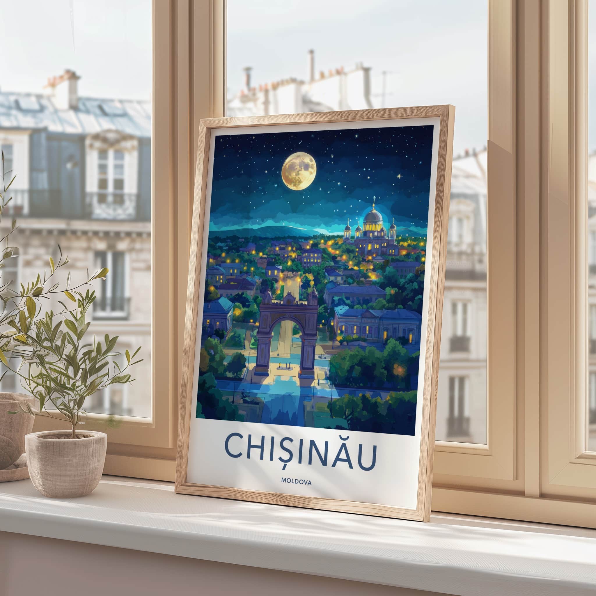 Chisinau Poster - Moldova Travel Art - Moonlit Arch Cathedral Home Decor