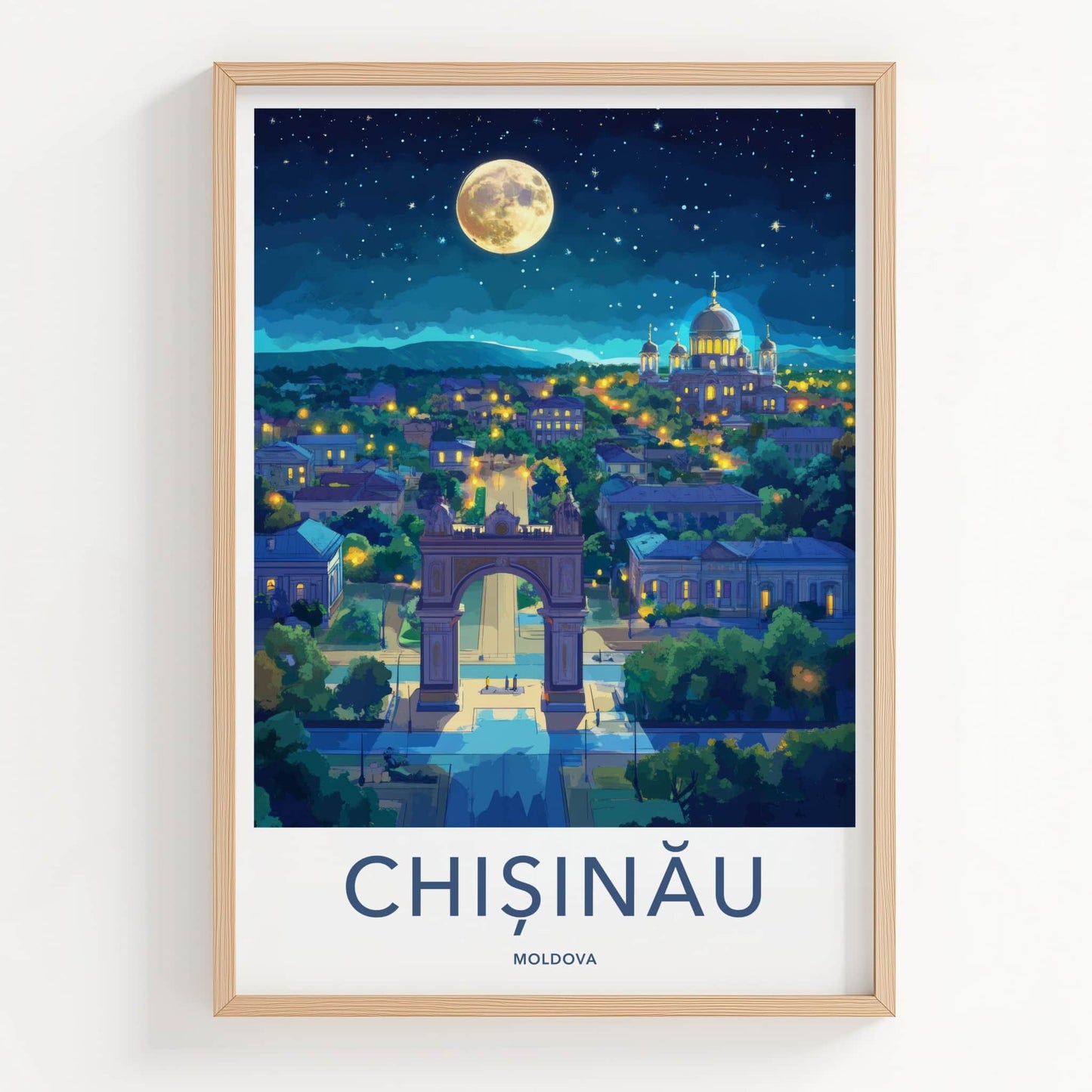 Chisinau Poster - Moldova Travel Art - Moonlit Arch Cathedral Home Decor