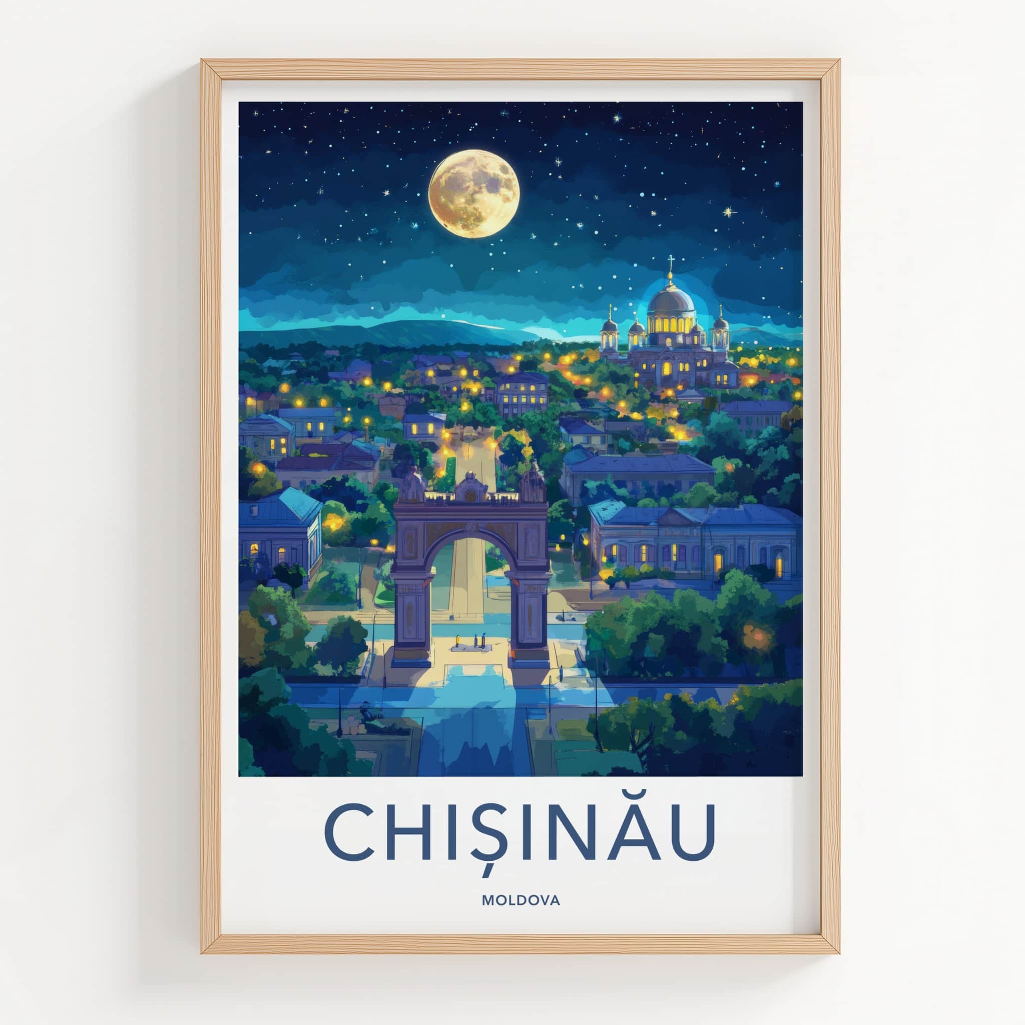Chisinau Poster - Moldova Travel Art - Moonlit Arch Cathedral Home Decor