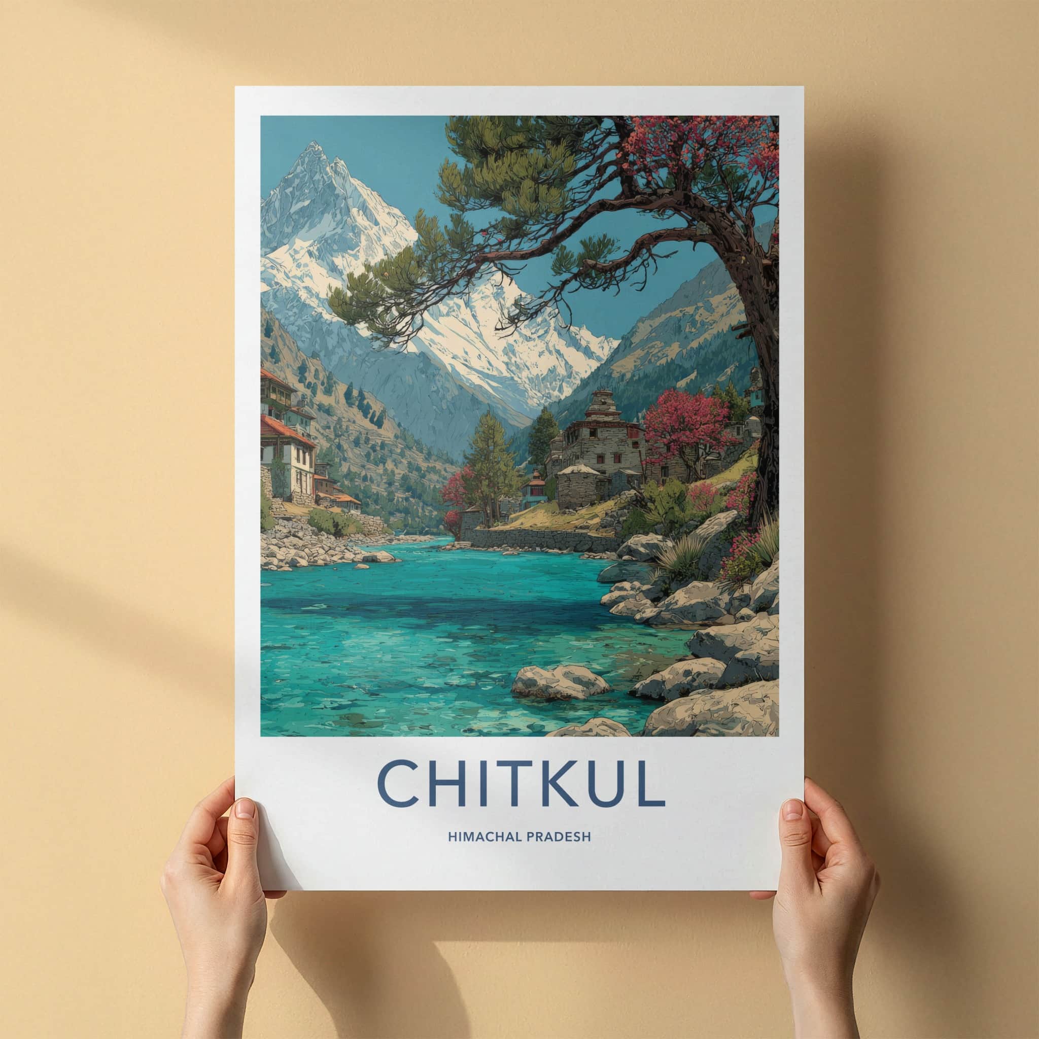 Chitkul Poster - India Travel Art - Himachal Pradesh Mountain River Home Decor