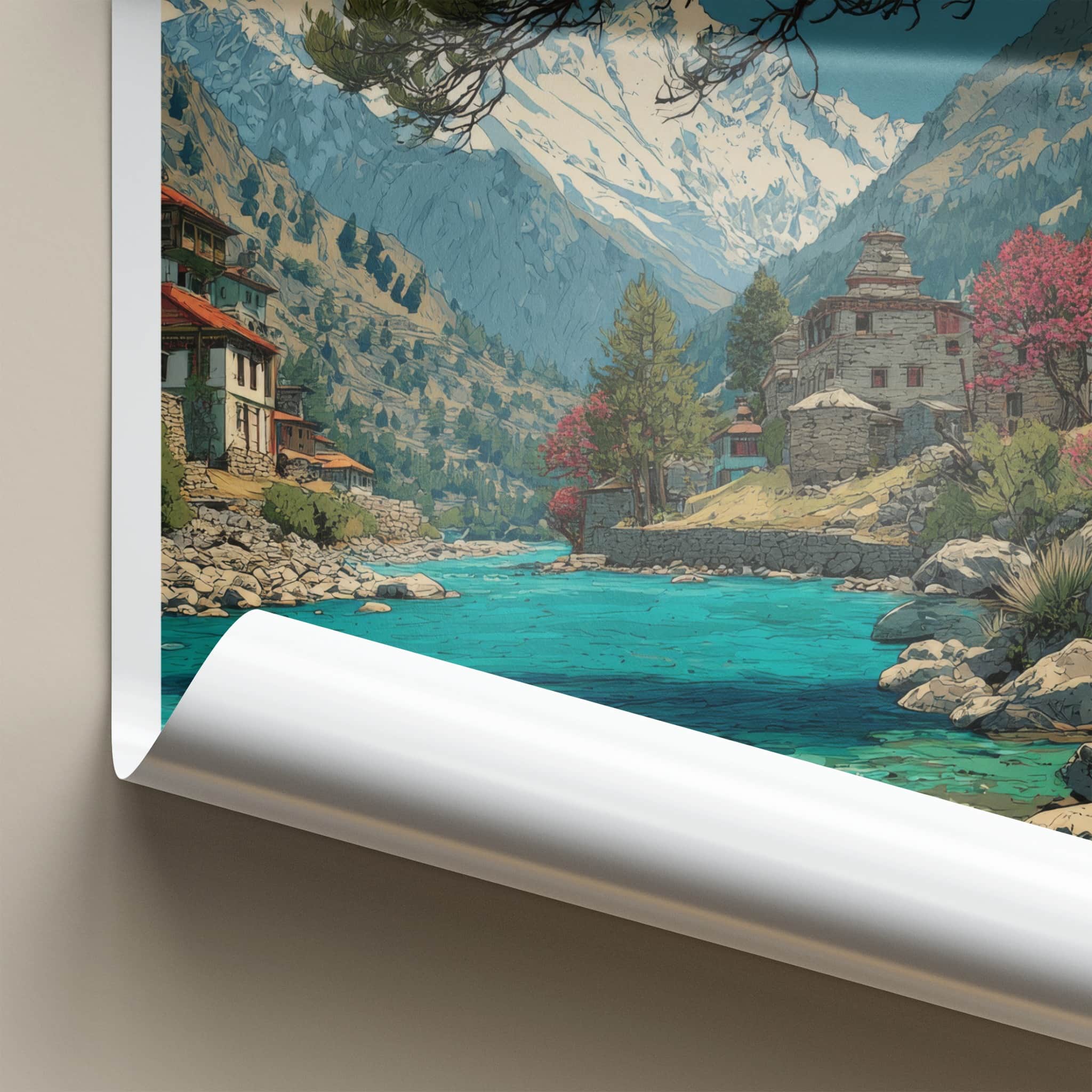 Chitkul Poster - India Travel Art - Himachal Pradesh Mountain River Home Decor
