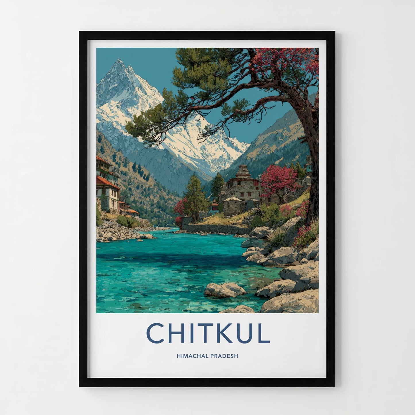 Chitkul Poster - India Travel Art - Himachal Pradesh Mountain River Home Decor
