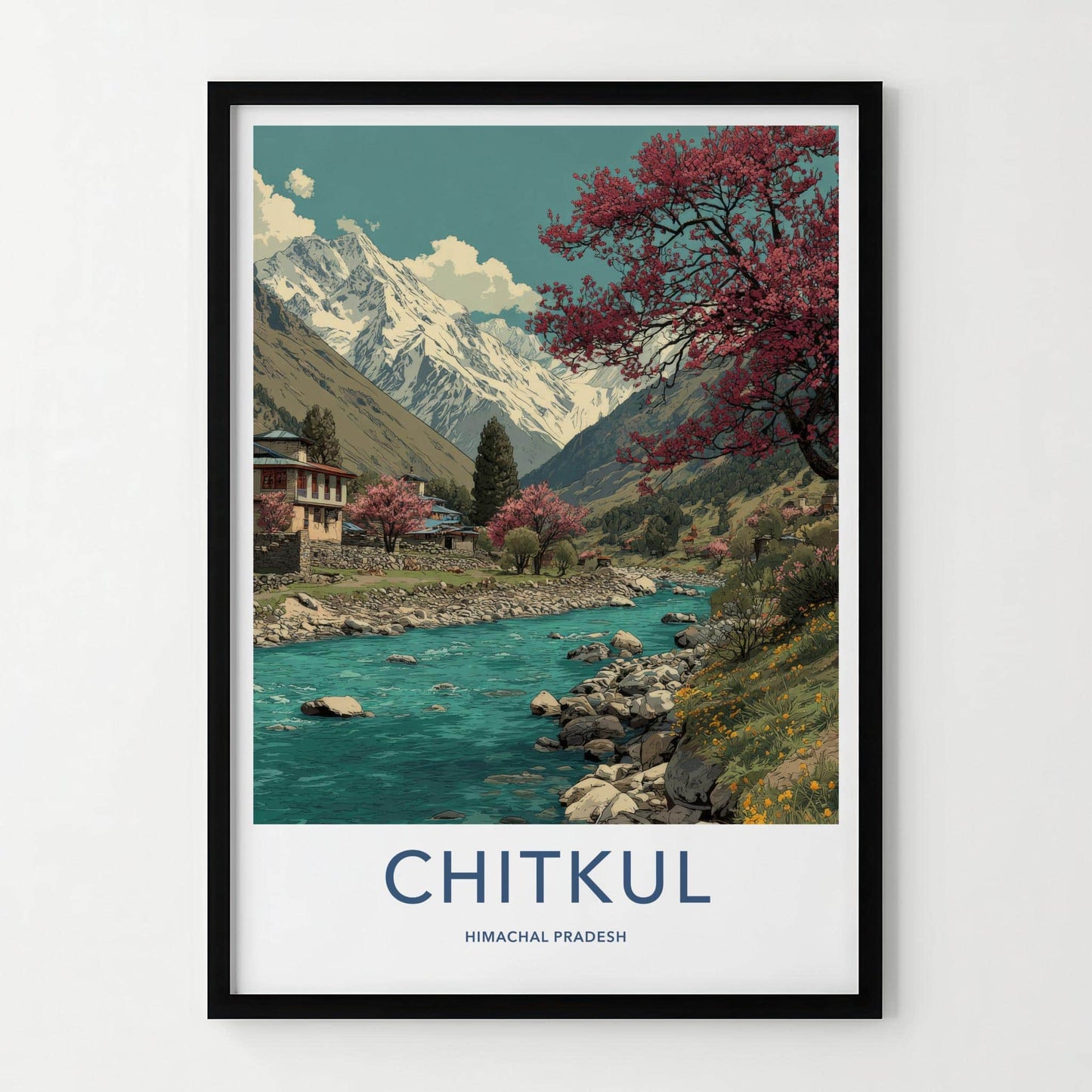 Chitkul Poster - India Travel Art - Himlayan river village Home Decor