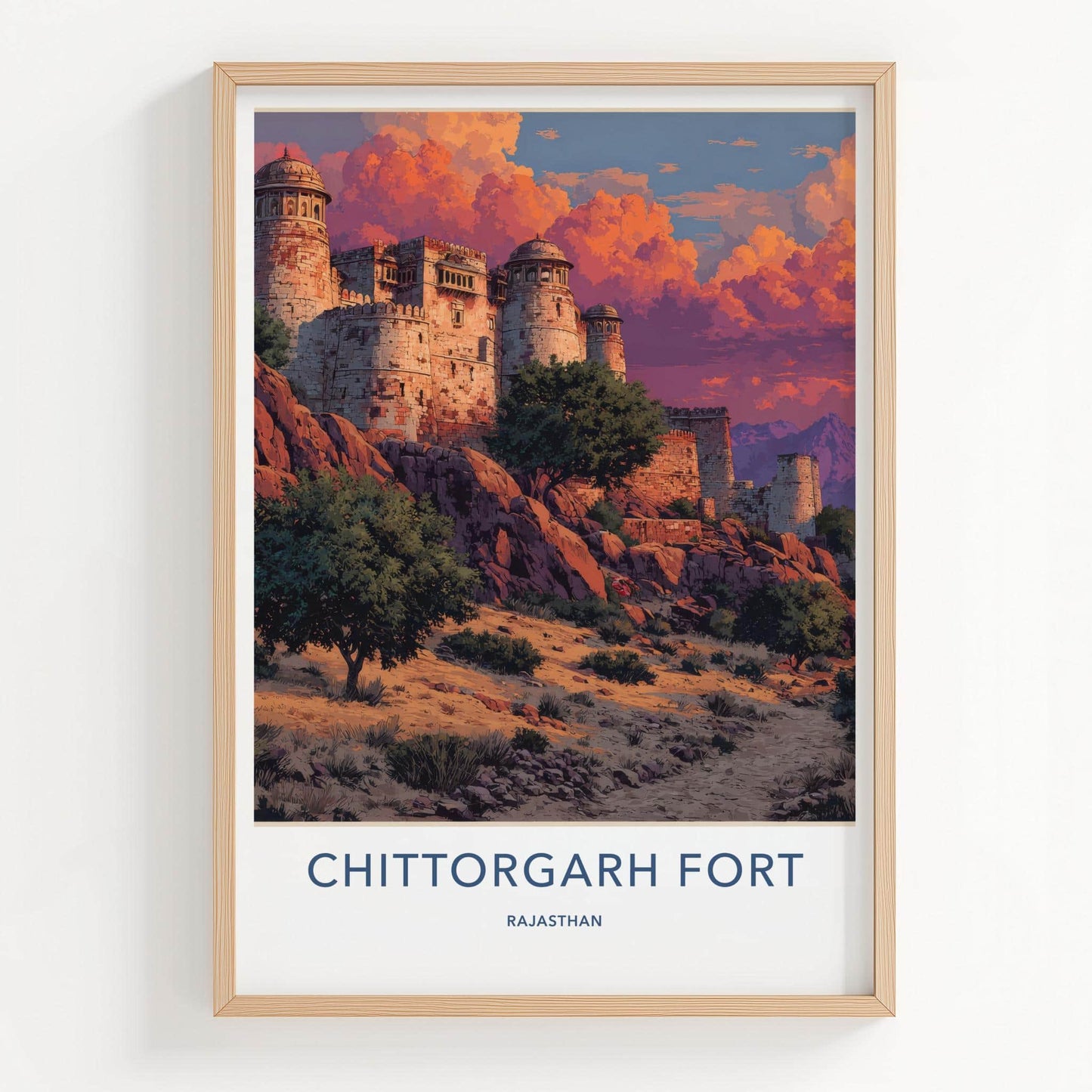 Chittorgarh Fort Poster - India Wall Art - Rajasthan Red sky fort Gift