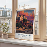 Chittorgarh Fort Poster - India Wall Art - Rajasthan Red sky fort Gift