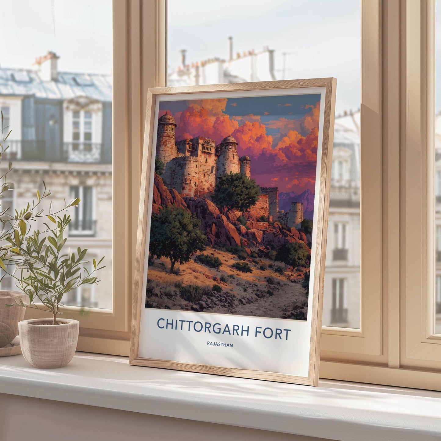 Chittorgarh Fort Poster - India Wall Art - Rajasthan Red sky fort Gift