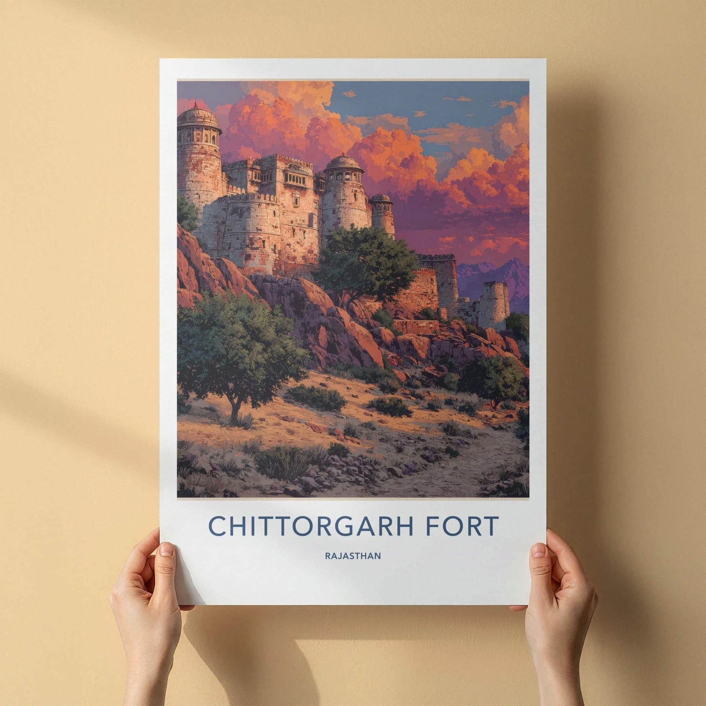 Chittorgarh Fort Poster - India Wall Art - Rajasthan Red sky fort Gift
