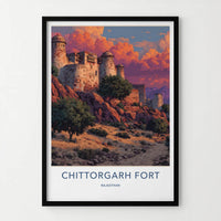 Chittorgarh Fort Poster - India Wall Art - Rajasthan Red sky fort Gift