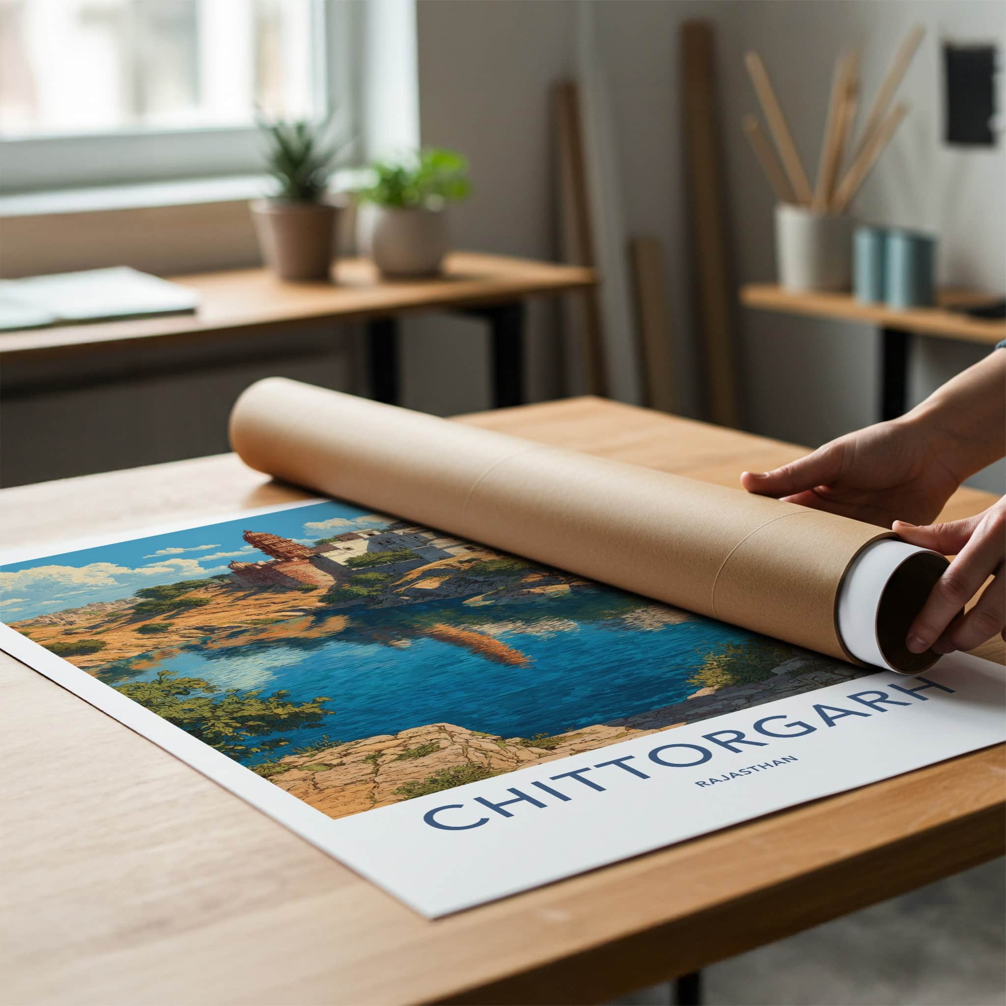 Chittorgarh Poster - India Rajasthan Fort Lake Reflection Lounge Decor