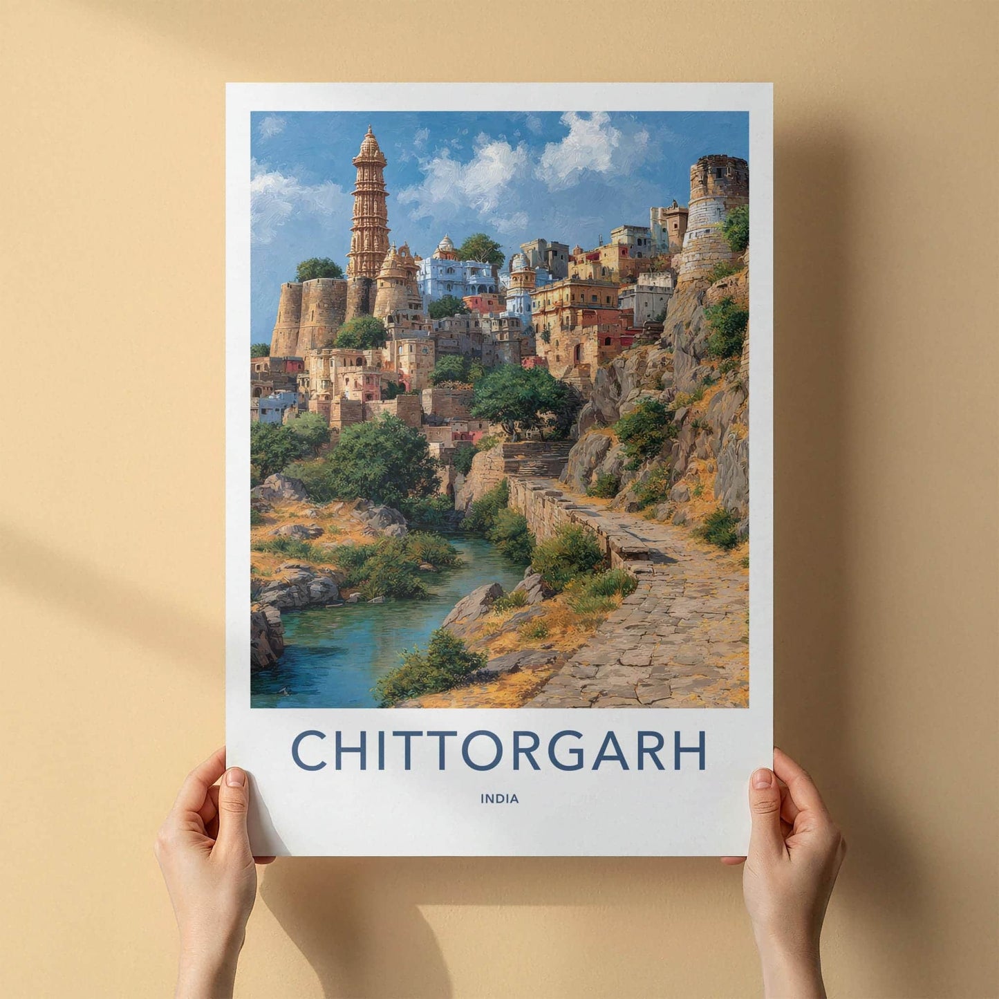 Chittorgarh Poster - India Travel Art - Rajasthan Hillside River Home Decor