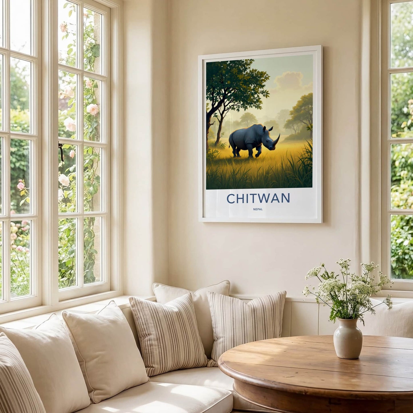 Chitwan Poster - Nepal Framed Art - Rhino Walking Grass Gallery Art