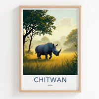 Chitwan Poster - Nepal Framed Art - Rhino Walking Grass Gallery Art
