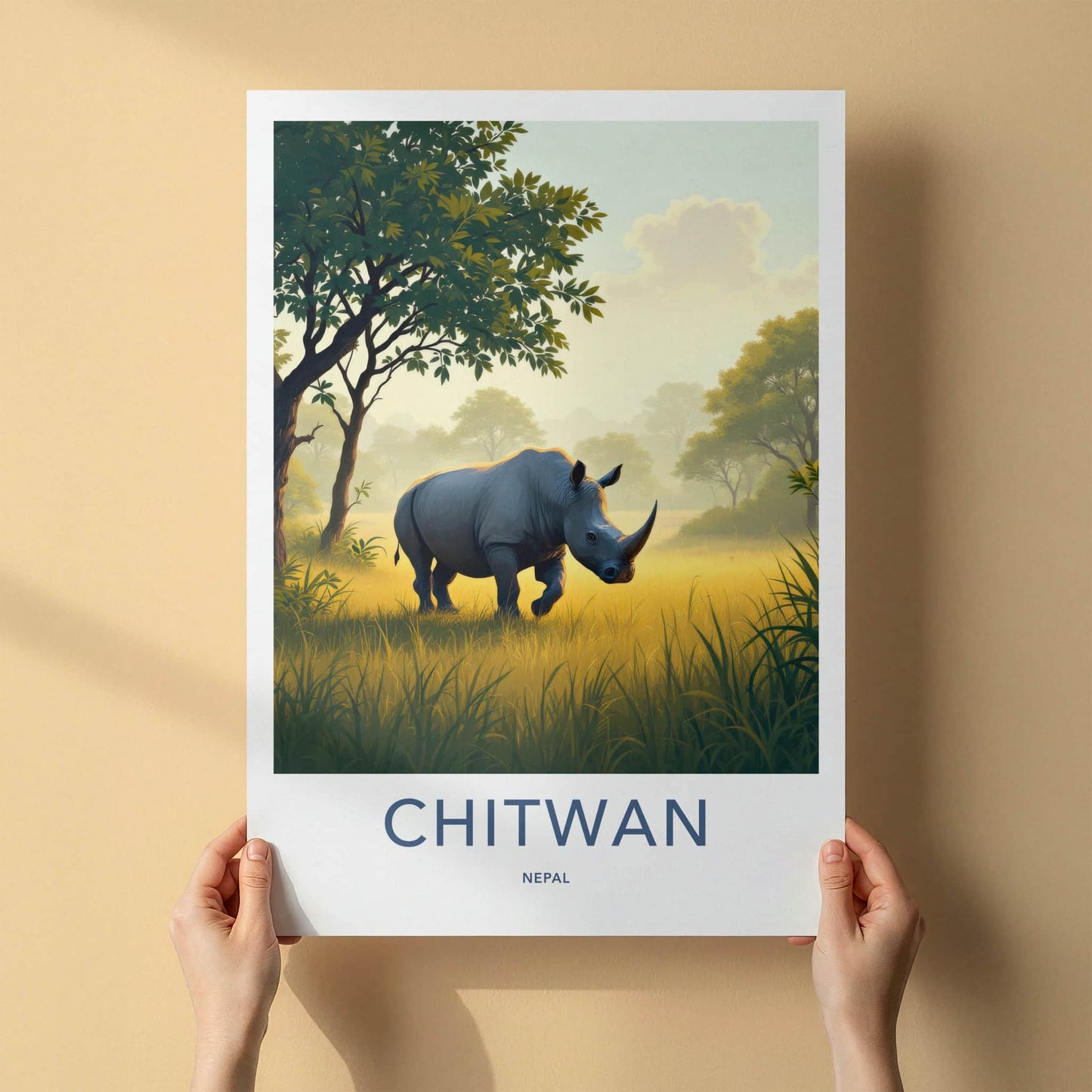 Chitwan Poster - Nepal Framed Art - Rhino Walking Grass Gallery Art