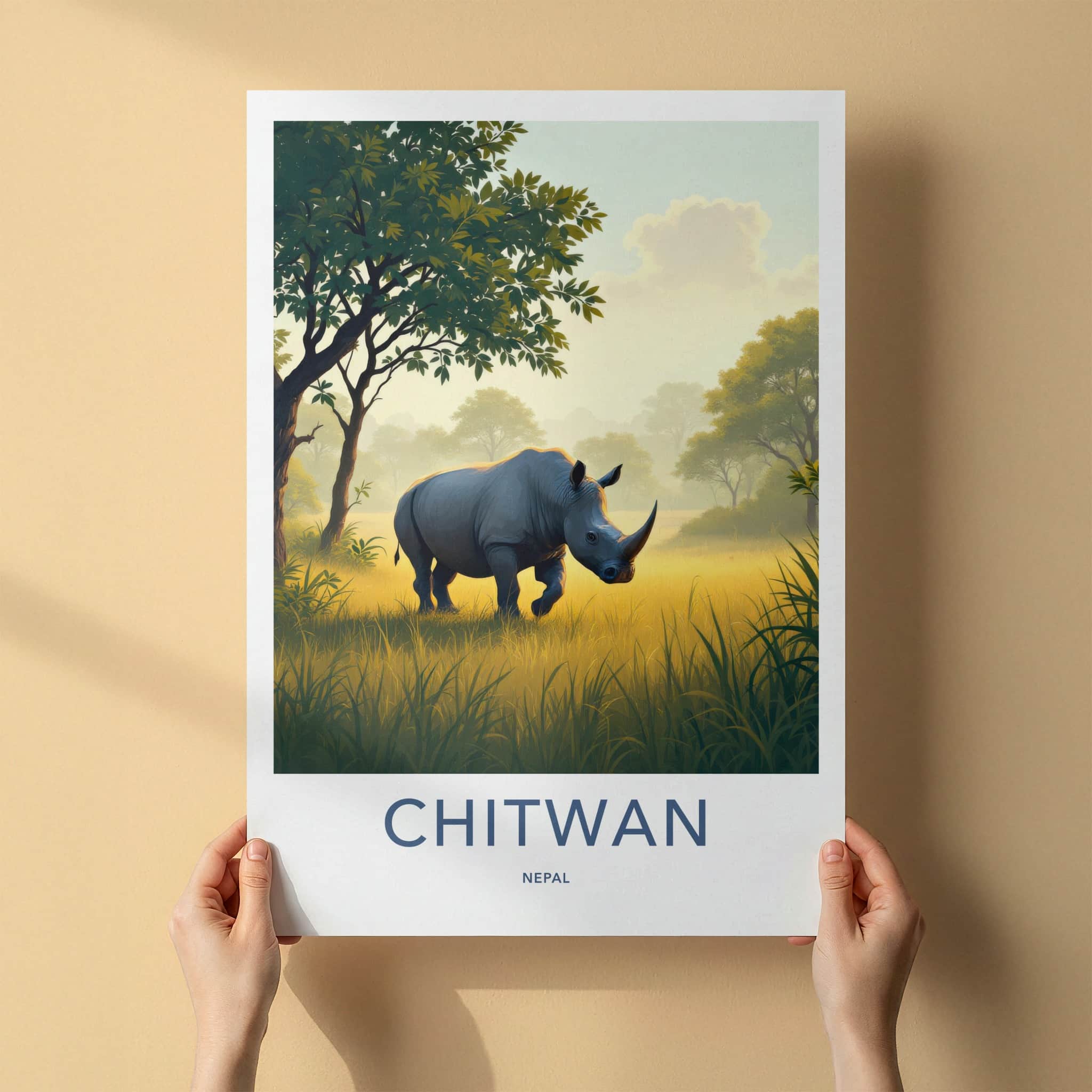 Chitwan Poster - Nepal Framed Art - Rhino Walking Grass Gallery Art