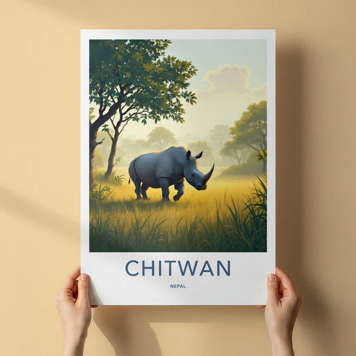 Chitwan Poster - Nepal Framed Art - Rhino Walking Grass Gallery Art