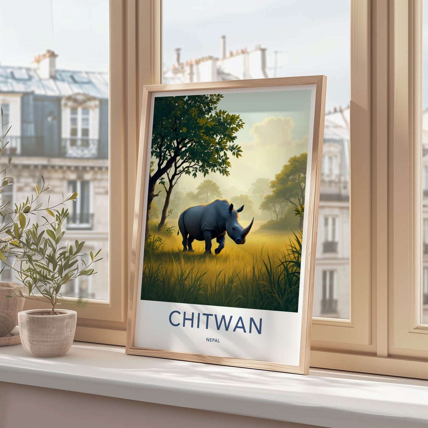 Chitwan Poster - Nepal Framed Art - Rhino Walking Grass Gallery Art