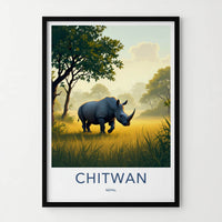Chitwan Poster - Nepal Framed Art - Rhino Walking Grass Gallery Art