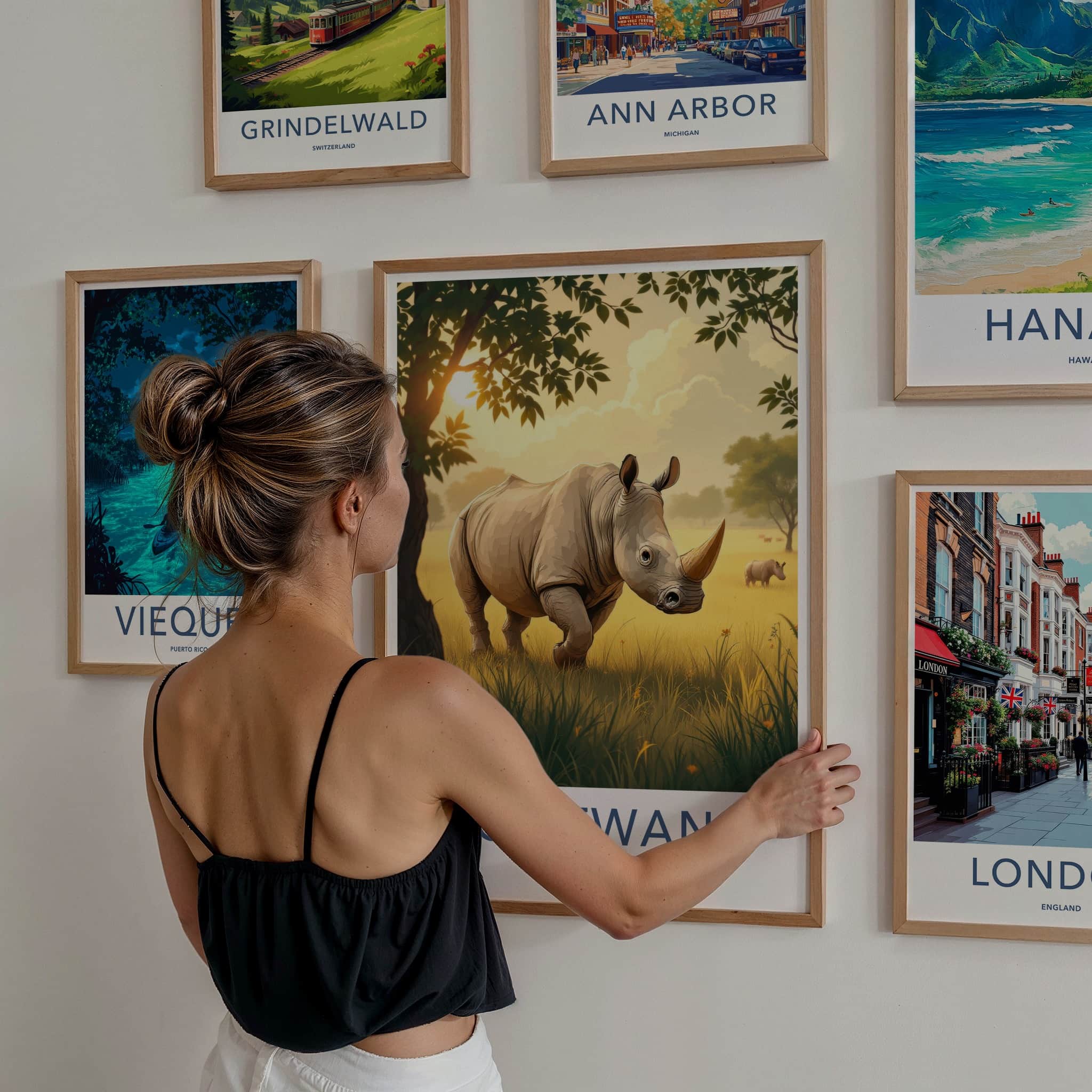 Chitwan Poster - Nepal Travel Art - Rhino Grassy Sunset Home Decor