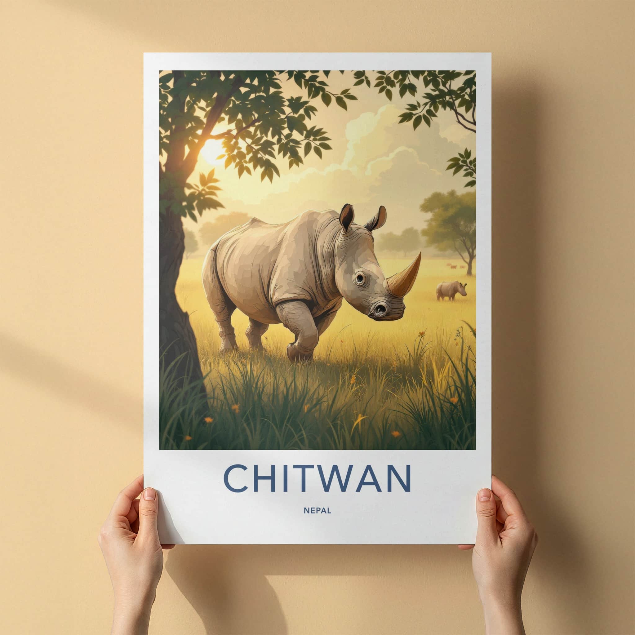 Chitwan Poster - Nepal Travel Art - Rhino Grassy Sunset Home Decor