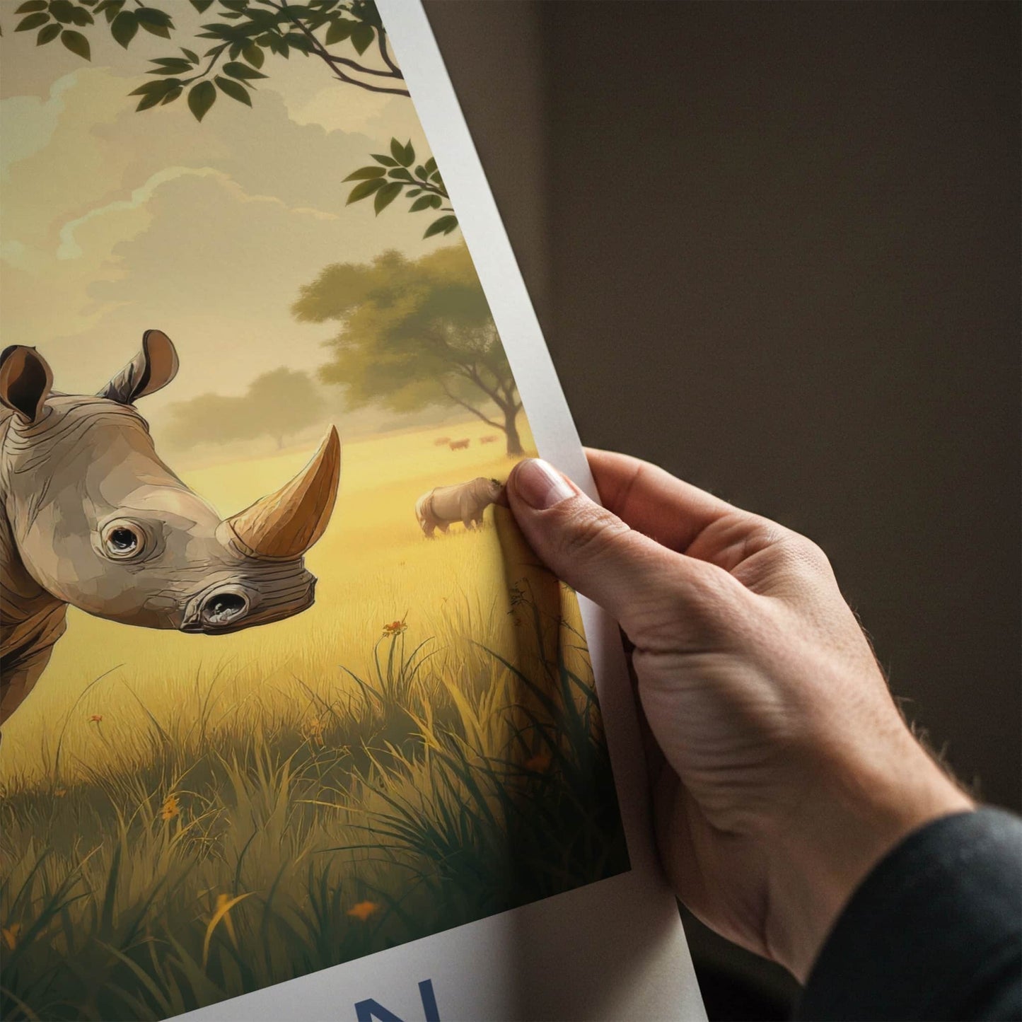 Chitwan Poster - Nepal Travel Art - Rhino Grassy Sunset Home Decor