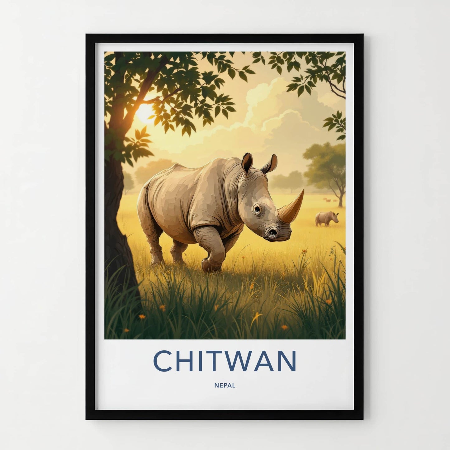 Chitwan Poster - Nepal Travel Art - Rhino Grassy Sunset Home Decor
