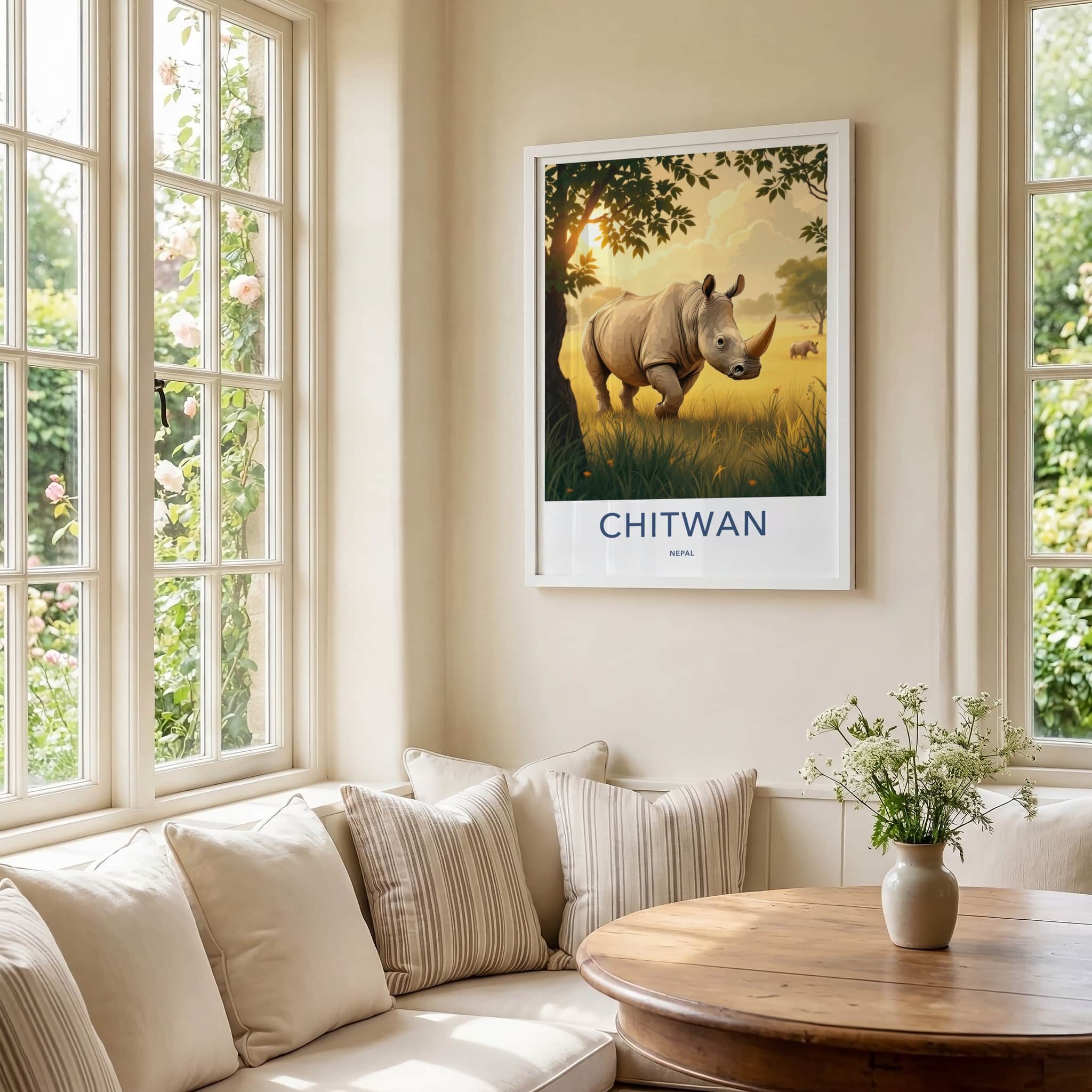 Chitwan Poster - Nepal Travel Art - Rhino Grassy Sunset Home Decor