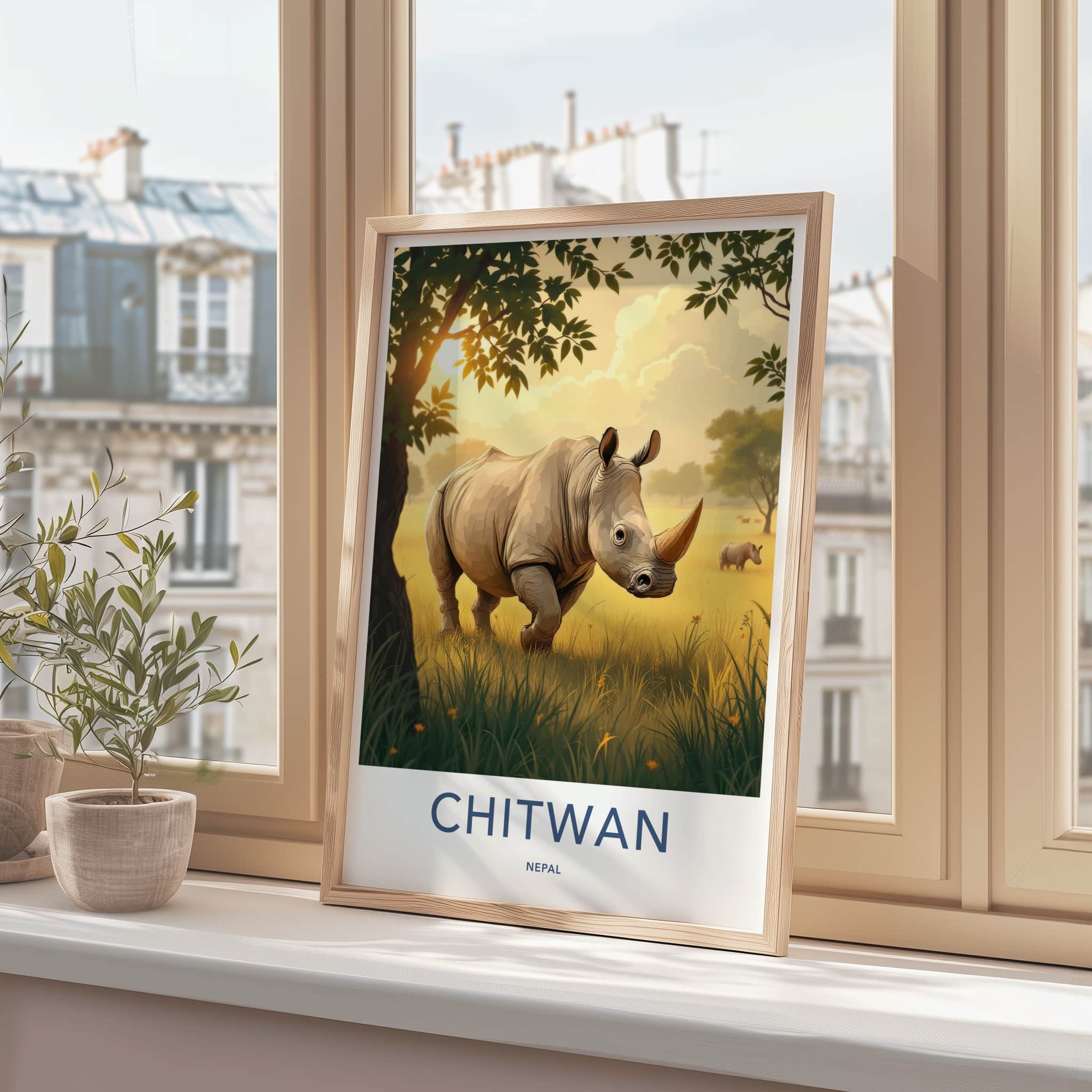 Chitwan Poster - Nepal Travel Art - Rhino Grassy Sunset Home Decor