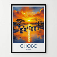 Chobe Poster - Botswana Travel Art - Elephants River Sunset Home Decor