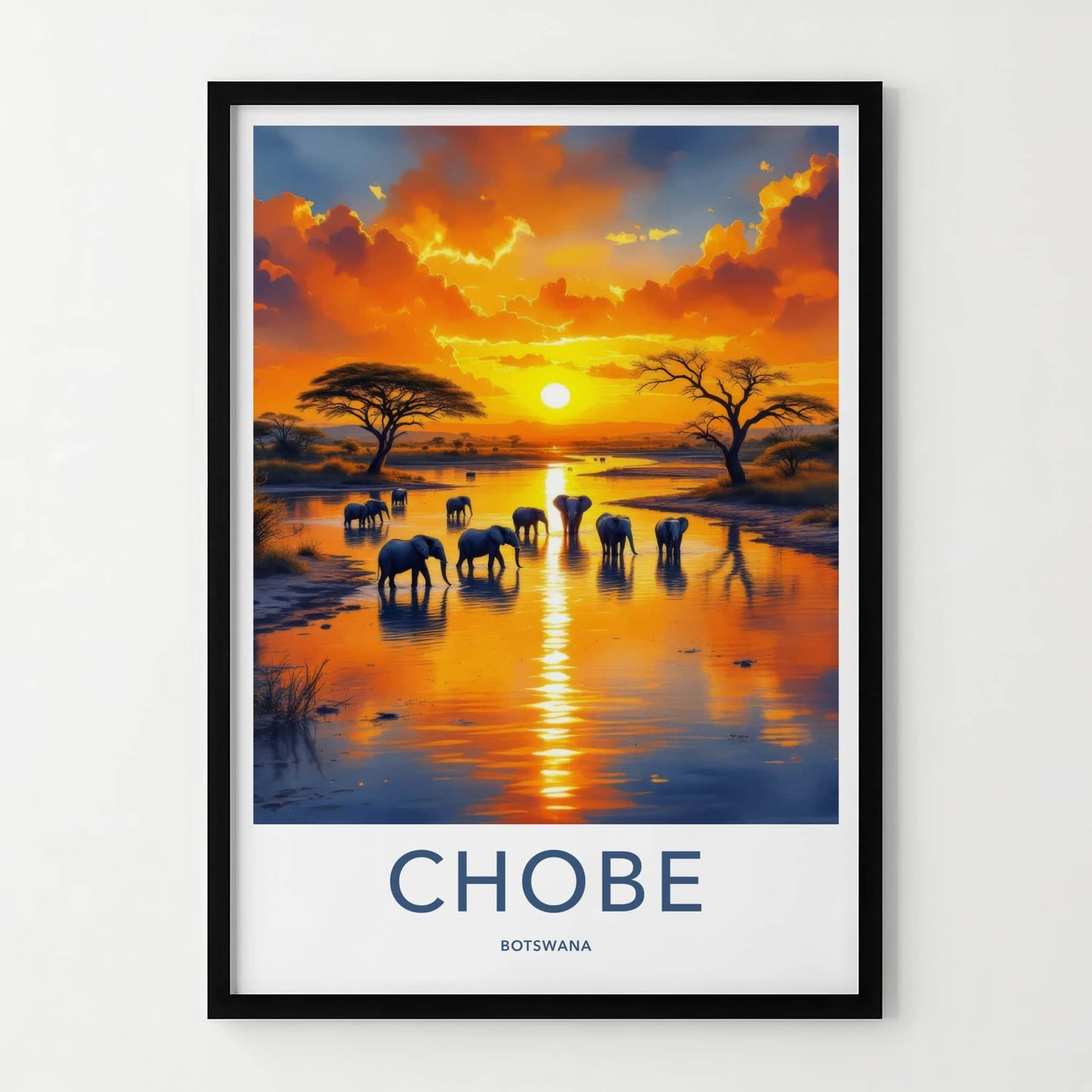 Chobe Poster - Botswana Travel Art - Elephants River Sunset Home Decor