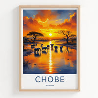 Chobe Poster - Botswana Travel Art - Elephants River Sunset Home Decor