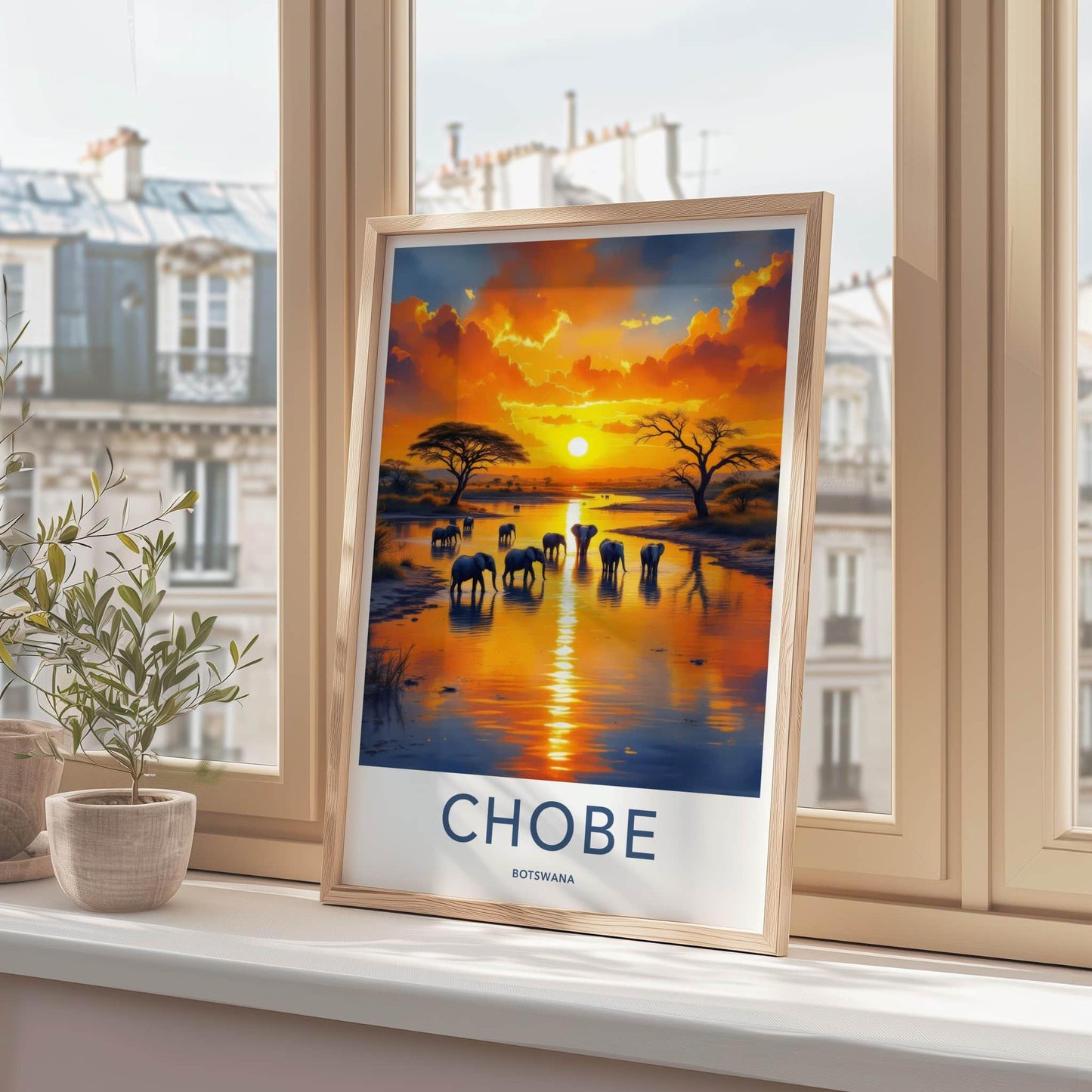 Chobe Poster - Botswana Travel Art - Elephants River Sunset Home Decor