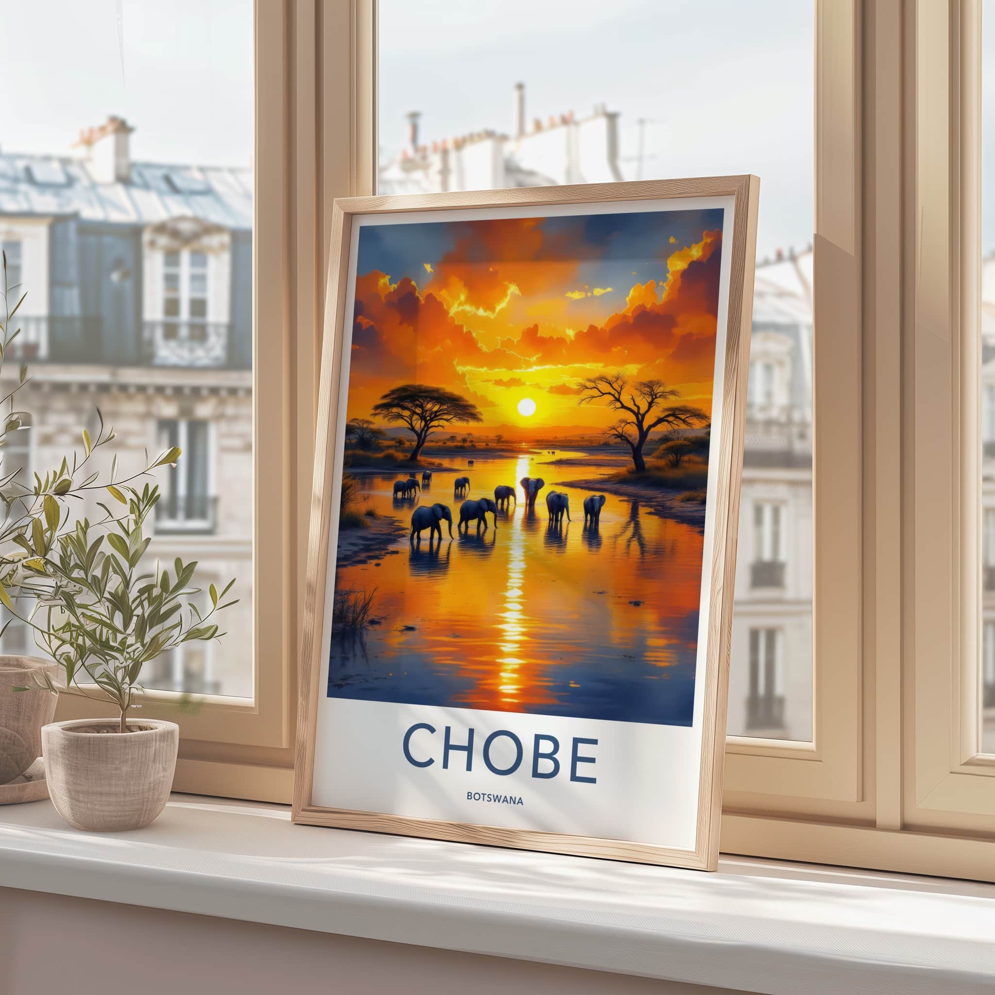 Chobe Poster - Botswana Travel Art - Elephants River Sunset Home Decor