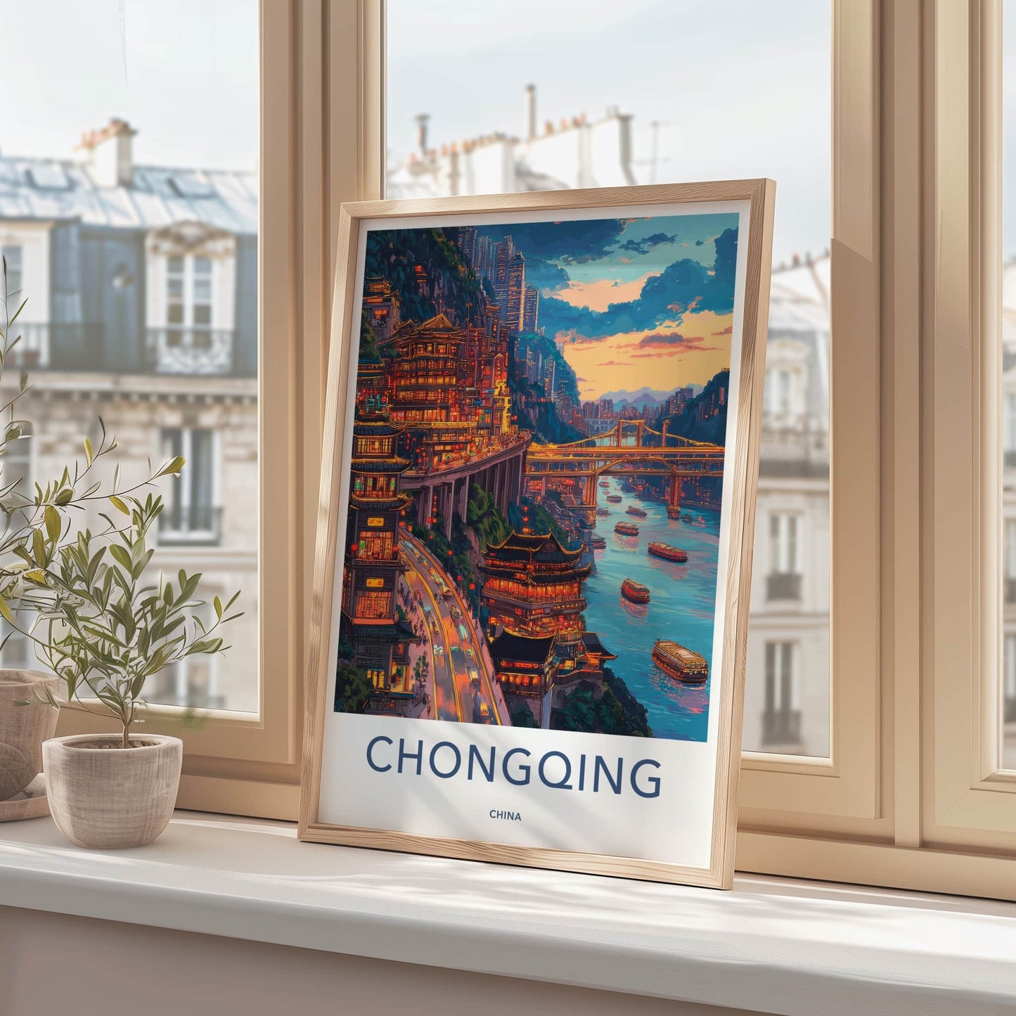 Chongqing Poster - China Travel Art - Illuminated Cliffside City Home Decor