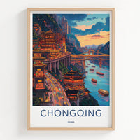 Chongqing Poster - China Travel Art - Illuminated Cliffside City Home Decor