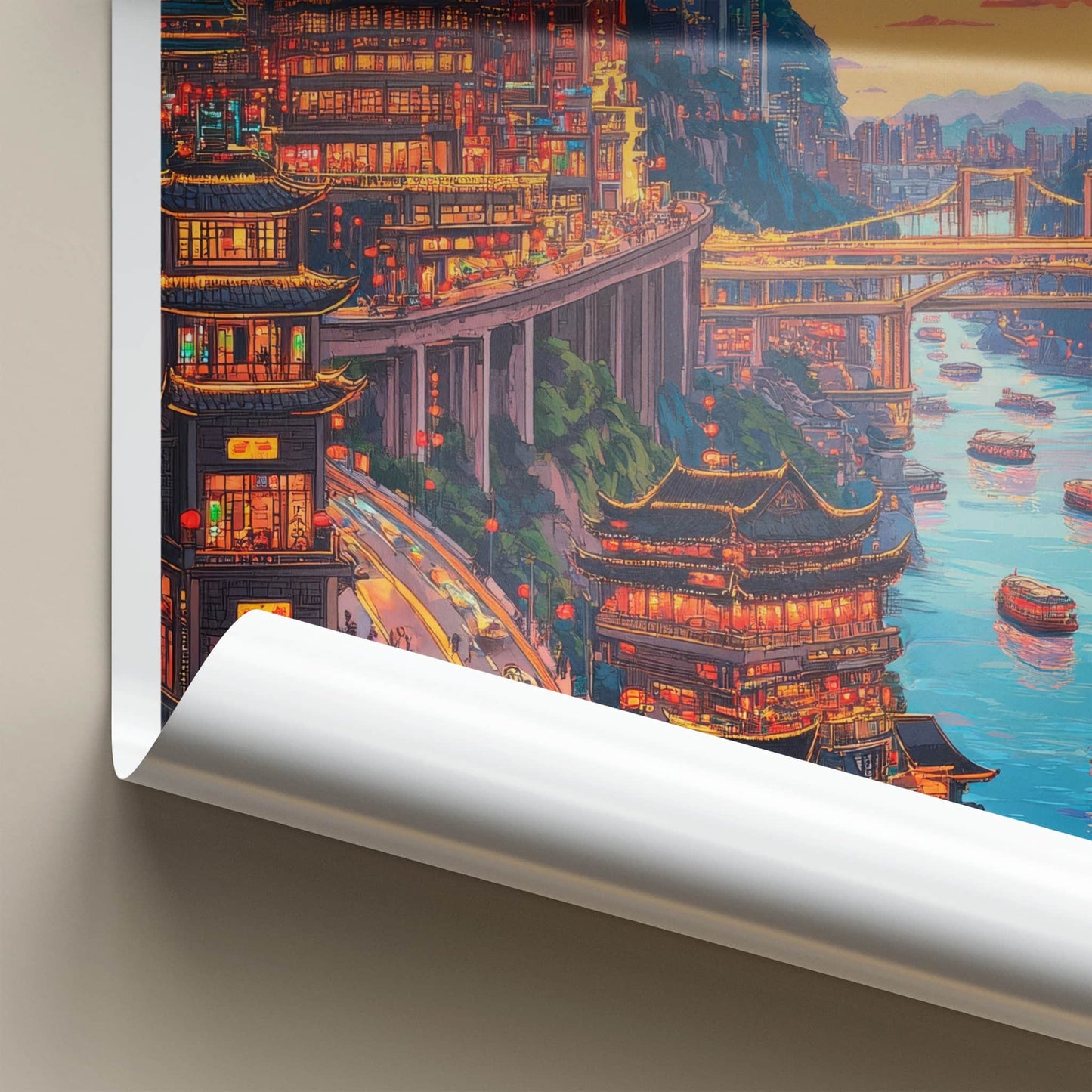 Chongqing Poster - China Travel Art - Illuminated Cliffside City Home Decor