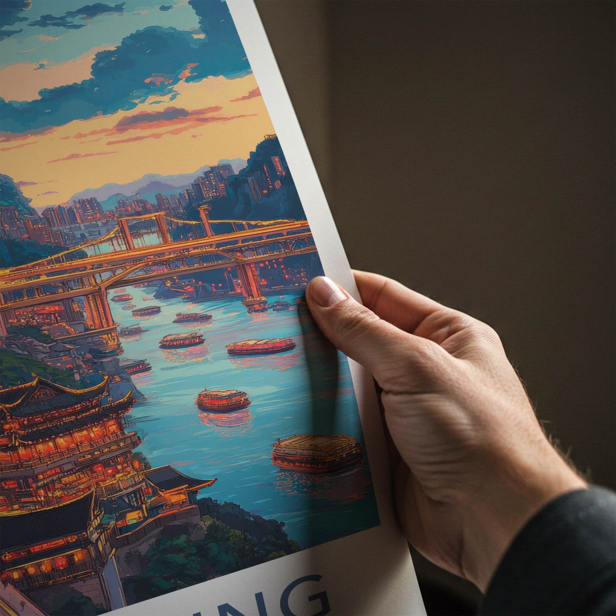 Chongqing Poster - China Travel Art - Illuminated Cliffside City Home Decor