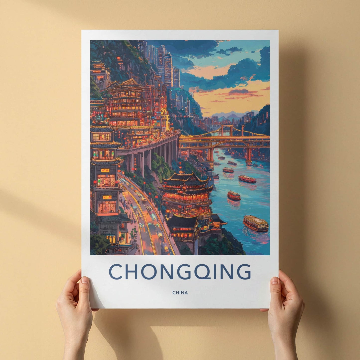 Chongqing Poster - China Travel Art - Illuminated Cliffside City Home Decor