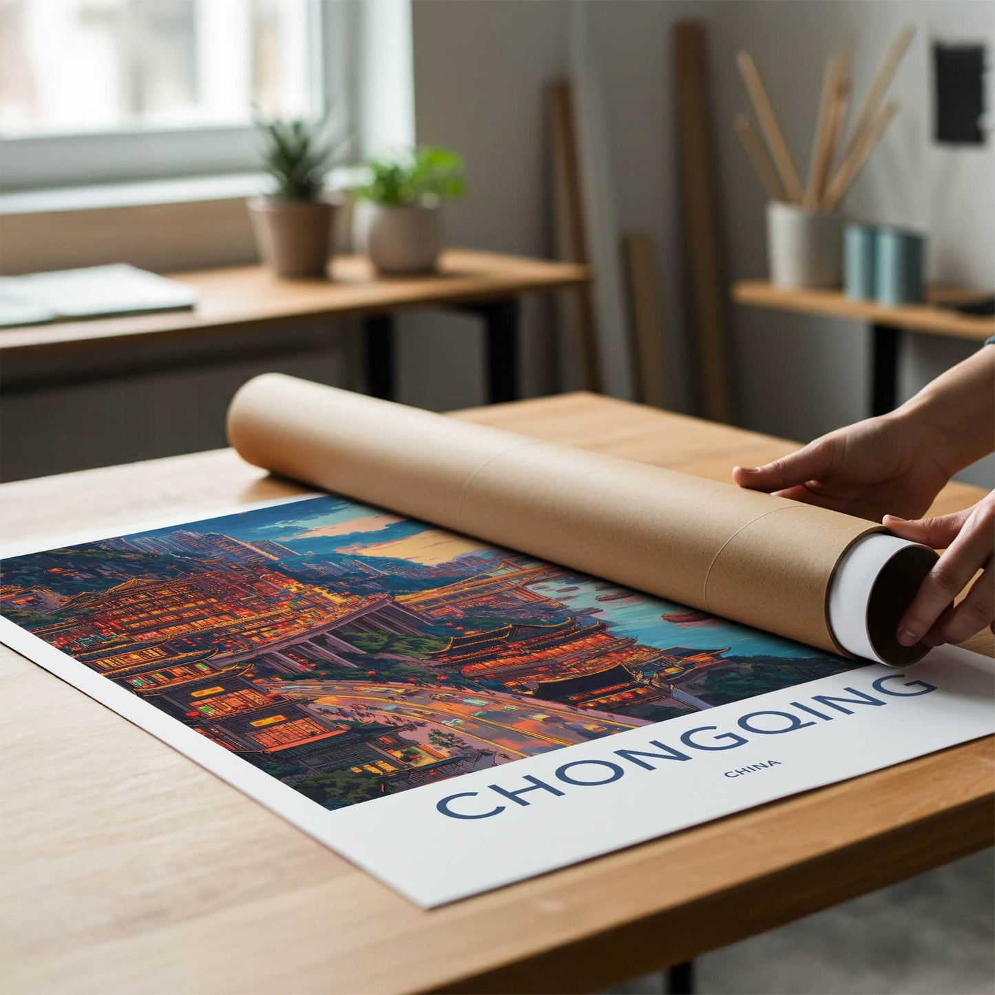 Chongqing Poster - China Travel Art - Illuminated Cliffside City Home Decor