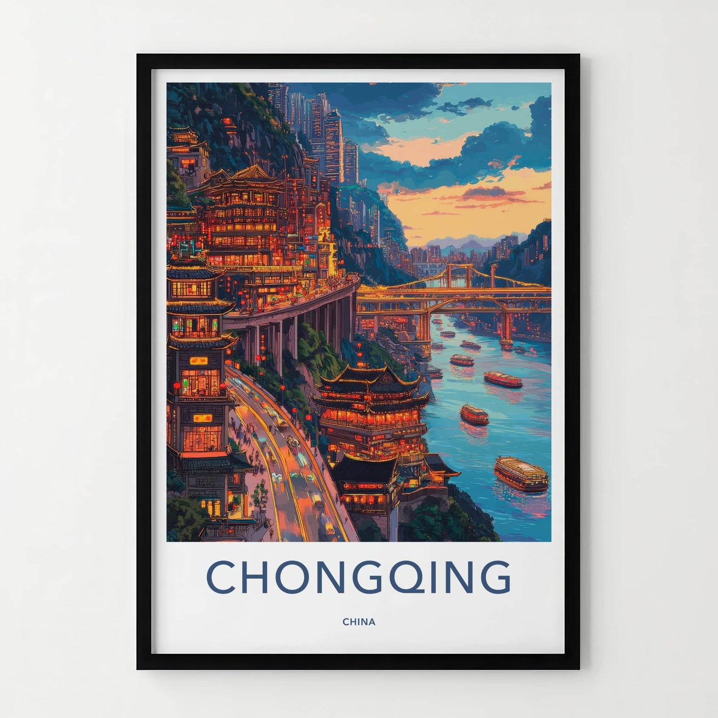 Chongqing Poster - China Travel Art - Illuminated Cliffside City Home Decor