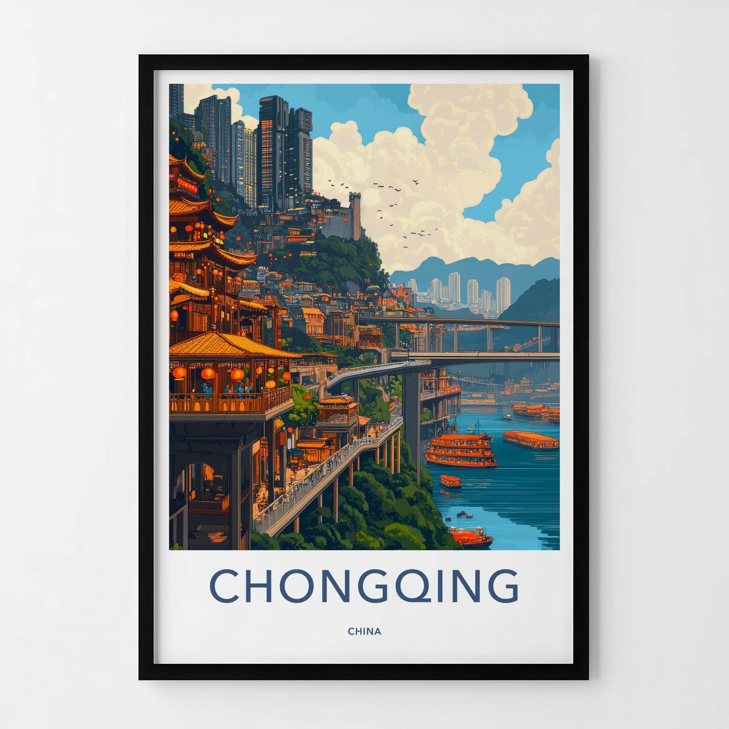Chongqing Poster - China Travel Art - Riverside Cityscape Bridges Home Decor