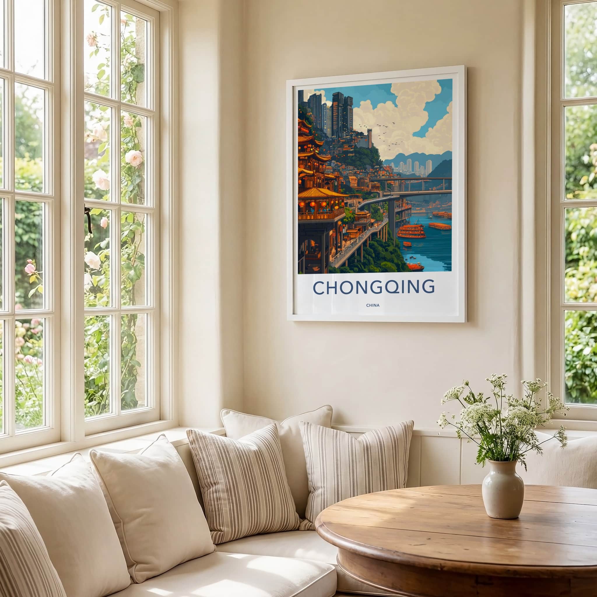 Chongqing Poster - China Travel Art - Riverside Cityscape Bridges Home Decor