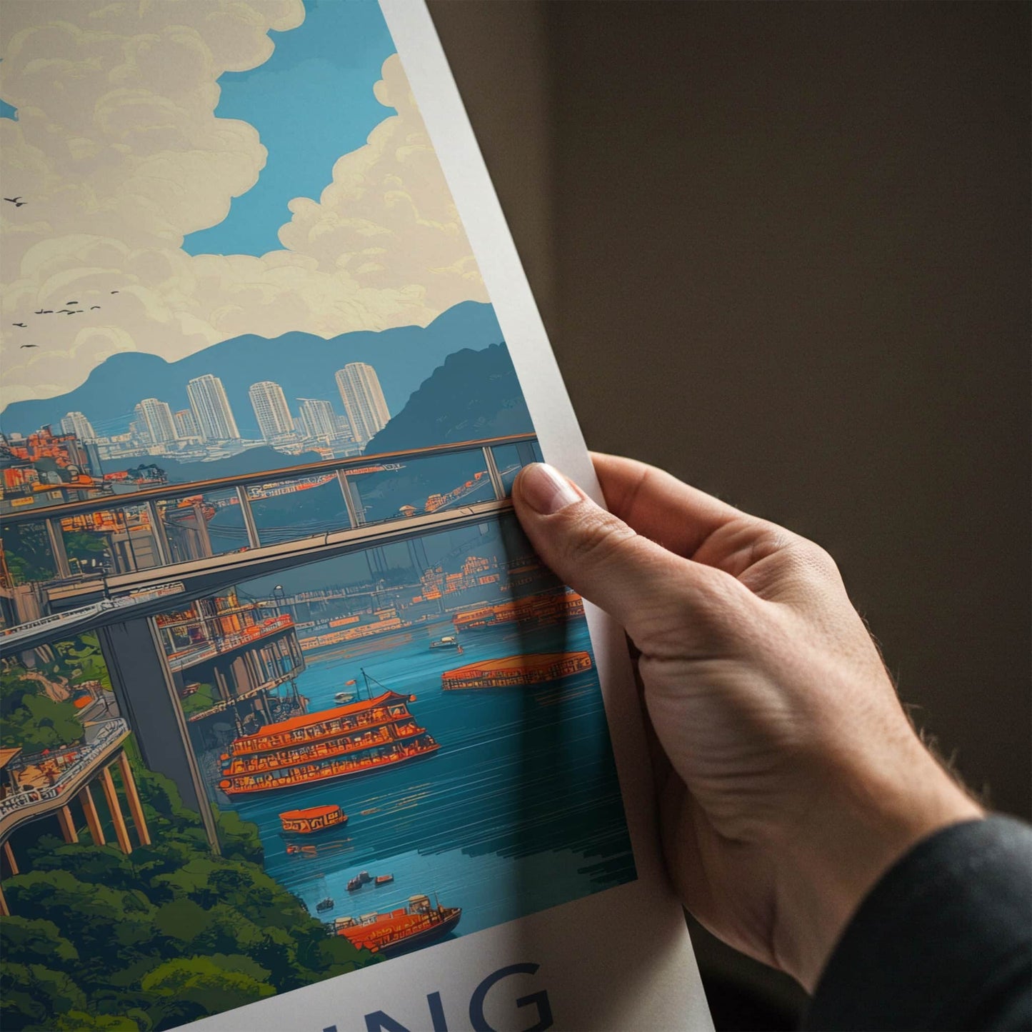 Chongqing Poster - China Travel Art - Riverside Cityscape Bridges Home Decor