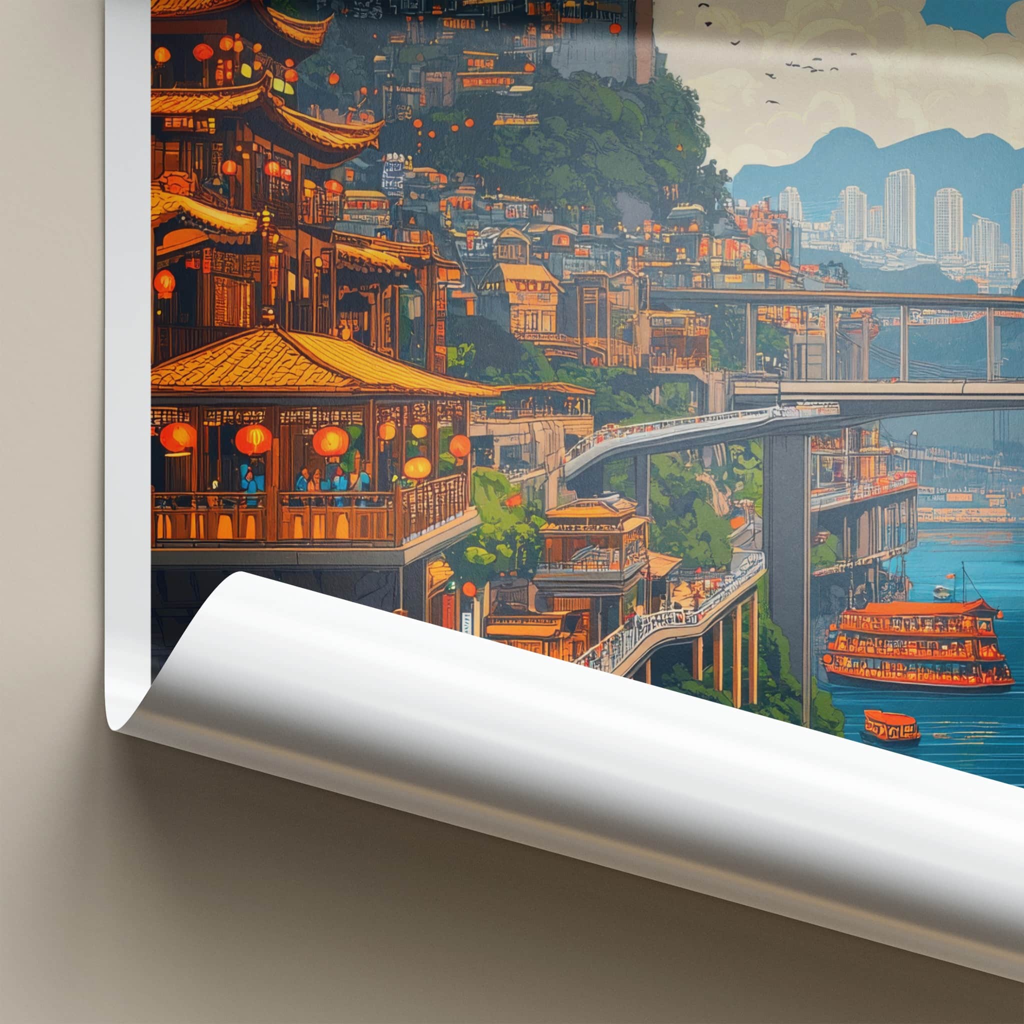 Chongqing Poster - China Travel Art - Riverside Cityscape Bridges Home Decor