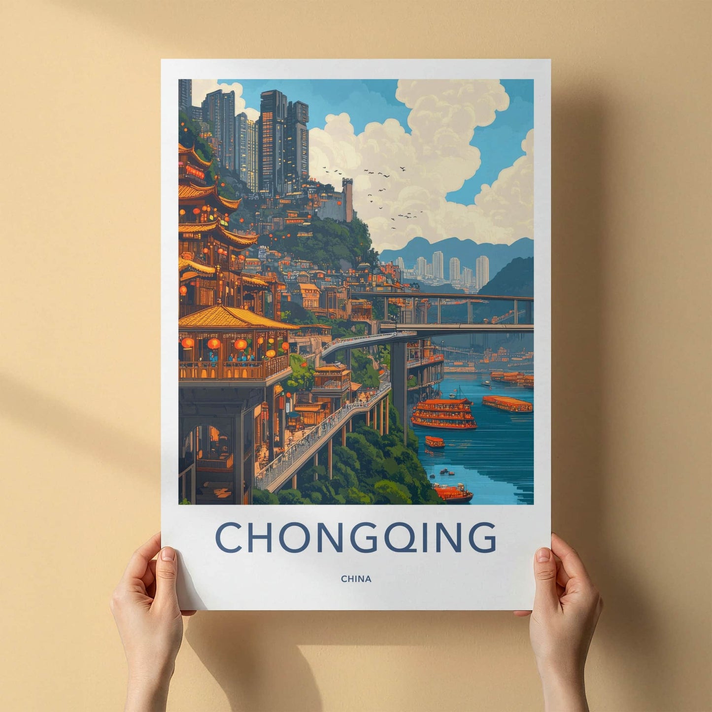 Chongqing Poster - China Travel Art - Riverside Cityscape Bridges Home Decor